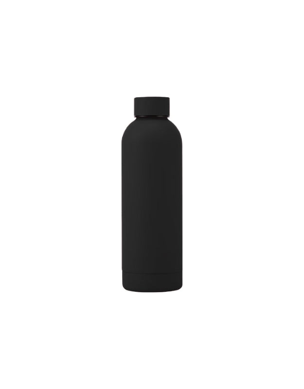 Matte stainless steel water bottle 500ml in black, sleek reusable hydration bottle.